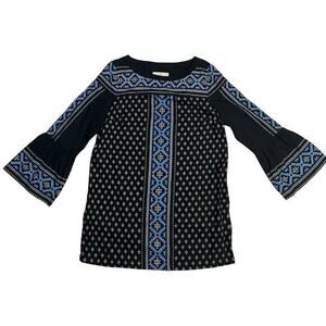 Loft Black Shift Knee Length Dress Blue White Geometric Mosaic Print Size Large